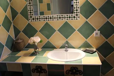 a bathroom with a sink and a mirror at Gîtes maisons de vacances Domaine la Chamade Carpentras in Carpentras