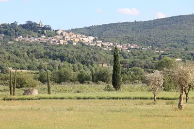 a field with trees and a town on a hill at Le Mas Les Eydins in Bonnieux