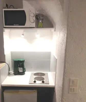 a small kitchen with a stove and a microwave at Appartement L'Atypique in Pertuis