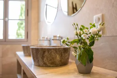 a bathroom with a sink and a vase of flowers on a counter at Le Jardin de Mazan in Mazan