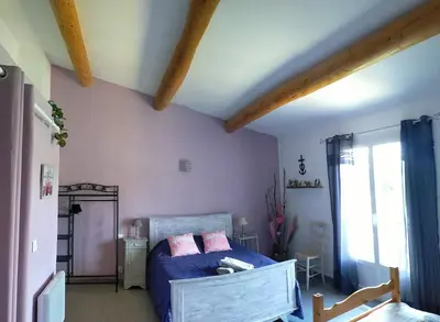 a bedroom with a bed with blue sheets and pink pillows at La Sarriette - Chambres d'hôtes et gîte d'étape à Eygalières in Eygalières