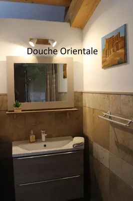 a bathroom with a sink and a mirror at La Sarriette - Chambres d'hôtes et gîte d'étape à Eygalières in Eygalières
