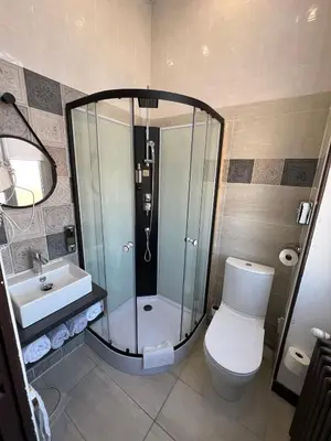 a bathroom with a shower and a toilet and a sink at Hôtel de Charme Le Provence in Salon-de-Provence