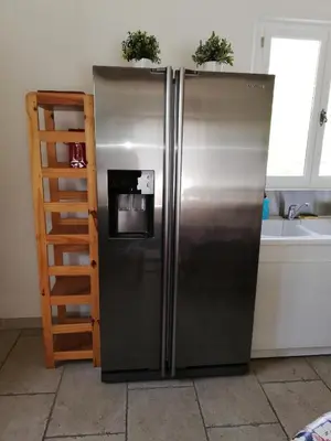 a stainless steel refrigerator in a kitchen with two plants on top at Mas Saint Louis in Saignon