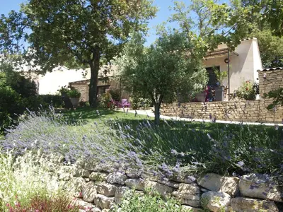 a garden with purple flowers and a stone wall at Mas Auroma in Murs