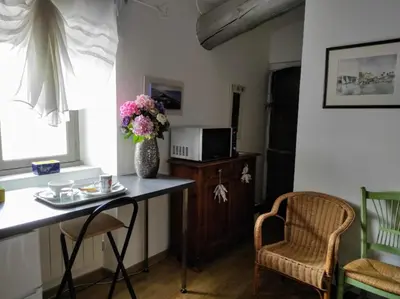 a room with a table and a vase of flowers on a counter at Gîte en Provence in Entraigues-sur-la-Sorgue