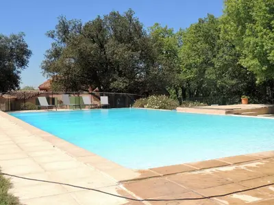 a large blue swimming pool with trees in the background at Les Chênes Verts in La Bastidonne