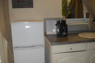 a kitchen with a white refrigerator and a sink at Lou mas li Pitchoun 