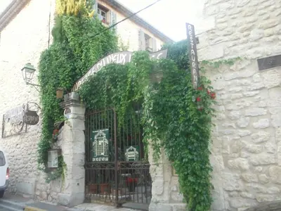 a stone building with a gate with ivy on it at Appartement Le Romarin in Mallemort