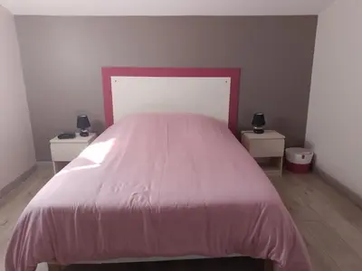 a bedroom with a pink bed with two night stands at Appartement Le Romarin in Mallemort