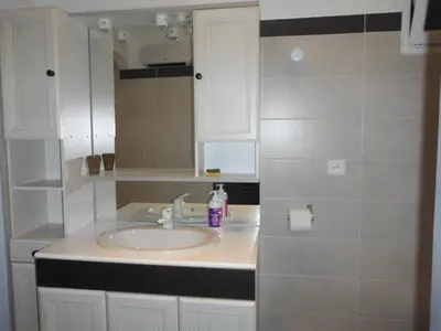 a bathroom counter with a sink and a mirror at Appartement Le Romarin in Mallemort