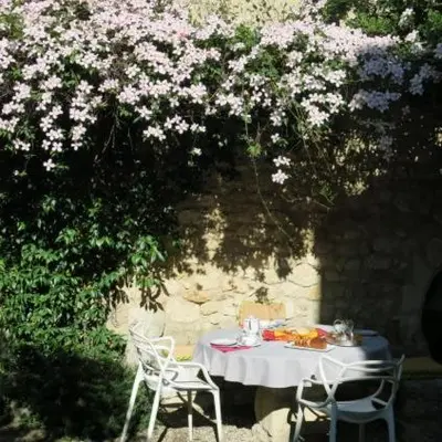 a table and chairs under a tree with pink flowers at La Buissonnière in Oppède