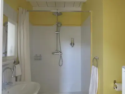 a bathroom with a shower and a sink at La Buissonnière in Oppède