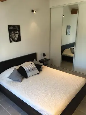 a bedroom with a large bed with a mirror at Maison de vacances Jocelyne in Lauris