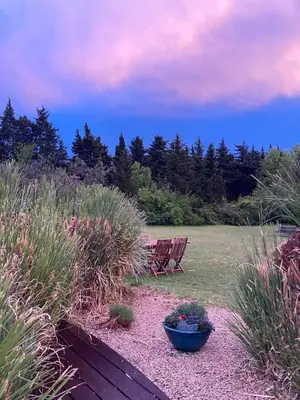 a garden with a bench and chairs in the grass at Le Nid de la Huppe in Noves