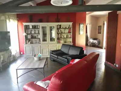a living room with a black couch and a red wall at maison près de l'eau in LʼIsle-sur-la-Sorgue