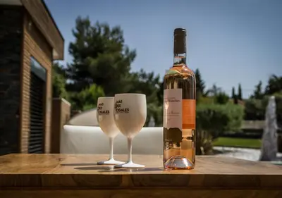 a bottle of wine and two wine glasses on a table at Mas des Cigales in Eygalières