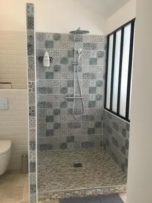 a bathroom with a shower with a tiled wall at Le Mas des Platanes in Entraigues-sur-la-Sorgue