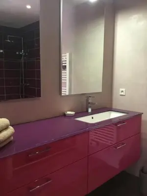 a bathroom with a red sink and a mirror at Le Mas des Platanes in Entraigues-sur-la-Sorgue