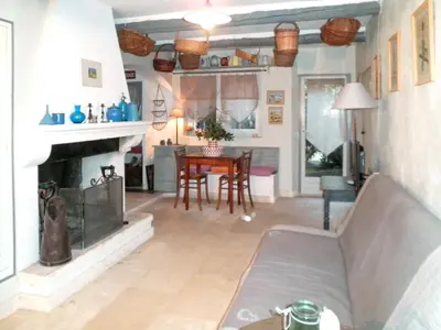 a living room with a fireplace and a table at Appartement accueillant avec piscine à Oppède 70 m², vue montagne in Oppède