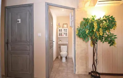 a bathroom with a toilet and a plant next to a door at Beautiful Home In Maubec in Maubec