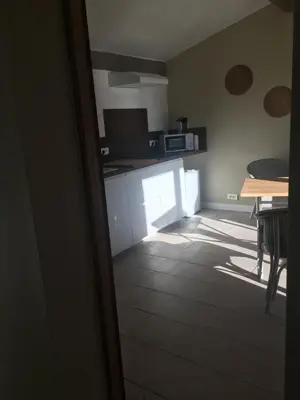a small kitchen with a refrigerator and a table at L'atelier des Coudelières in Le Thor