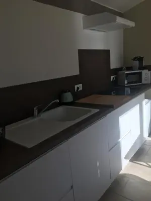 a kitchen with a sink and a microwave at L'atelier des Coudelières in Le Thor