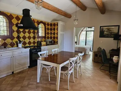 a kitchen with a table and chairs in a room at La Petite Yolande in Aix-en-Provence