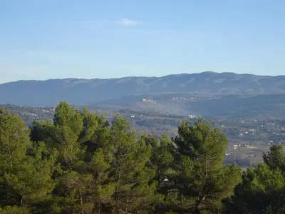 a view from the top of a hill with trees at Le Petit Mas des Hauts de Beyssan, Maison de vacances avec piscine privative pour 2 personnes in Gargas