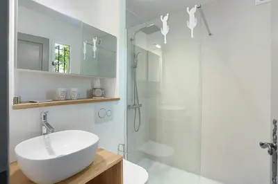 a white bathroom with a sink and a shower at Villa Briali Pont Royal in Mallemort