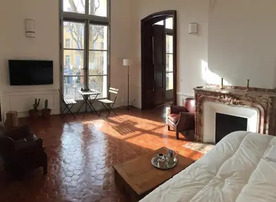 a living room with a couch and a fireplace at Les Suites du Cours & Spa in Aix-en-Provence