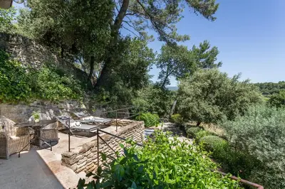 an external view of a garden with trees and bushes at Domaine Les Roullets in Oppède