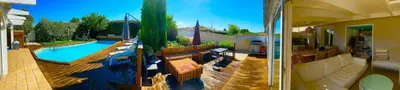two pictures of a house with a swimming pool at Villa Felin Feline in LʼIsle-sur-la-Sorgue