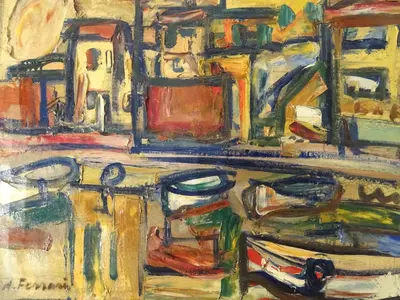 a painting of a table with chairs and other objects at Les Jardins d'Eleusis in Murs