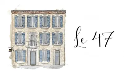 a drawing of a house with blue shutters at Le 47 - Rentals in South of France in Beaumont-de-Pertuis