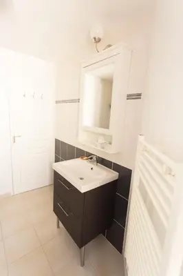 a bathroom with a sink and a mirror at Appartement spacieux Rochereau in LʼIsle-sur-la-Sorgue