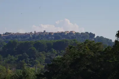 a town on top of a hill with trees at le clos des sources in Saint-Chamas