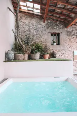 a pool of water in a building with potted plants at La Bastide des Songes - Demeure d'hôtes in Robion en Luberon