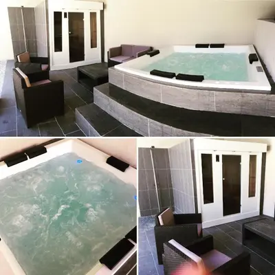 a collage of three pictures of a hot tub at La Bastide des Songes - Demeure d'hôtes in Robion en Luberon
