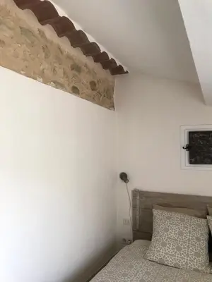 a bedroom with a bed and a white wall at Gite Les Enfantines in Bédoin