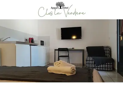 a room with a bed and a tv and a chair at Le Clos la Verdière in Velaux
