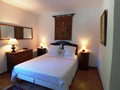 a bedroom with a bed with two night stands and two lamps at Semi-detached provencal farm with swimming pool in Orgon