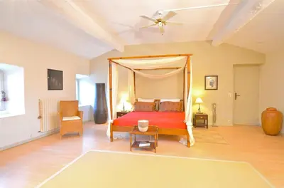 a bedroom with a bed with a canopy at Ferme St Roch in Robion en Luberon