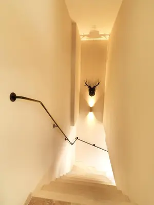 a lighted staircase with a stag head on the wall at Les Loges En Provence 