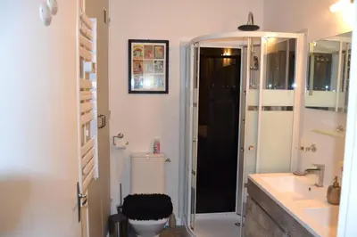 a bathroom with a toilet and a sink and a shower at Pavillon de Lubéron in Lauris
