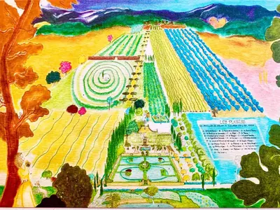 a painting of a building with a garden on it at Le Pavillon de Galon in Cucuron