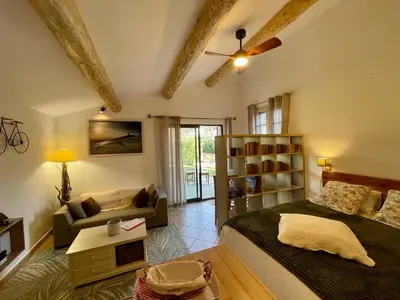 a bedroom with a bed and a living room at La belle histoire Gîte Ventoux in Bédoin