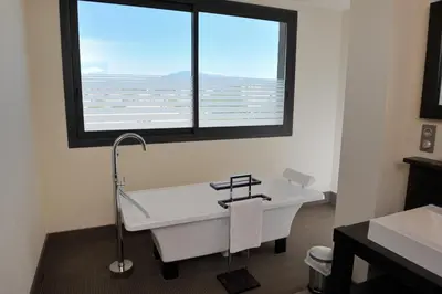 a bathroom with a bath tub and a window at Le Safari Hotel Restaurant in Carpentras