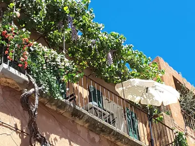 a balcony with flowers and an umbrella on a building at La Dame Au Balcon in Roussillon