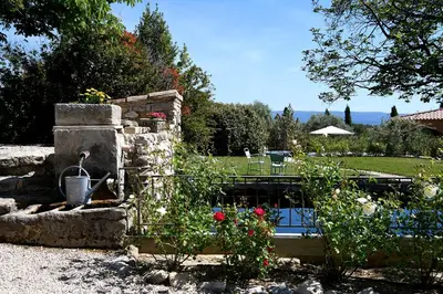 a garden with a stone fountain and a swimming pool at Mas des Olives in Bédoin